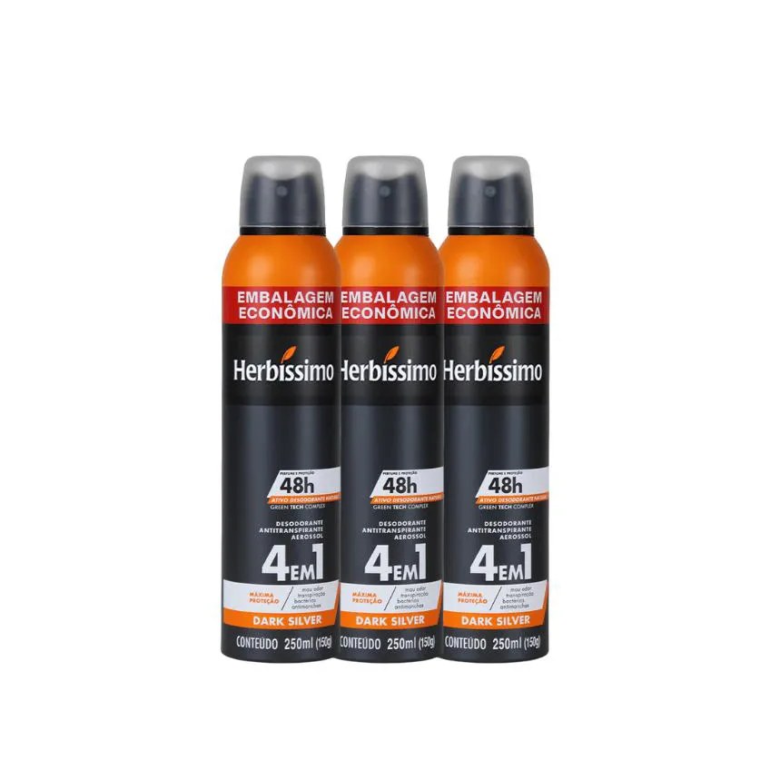Kit Desodorante Aerosol Antitranspirante Herbíssimo Dark Silver 250Ml - 3 Unidades