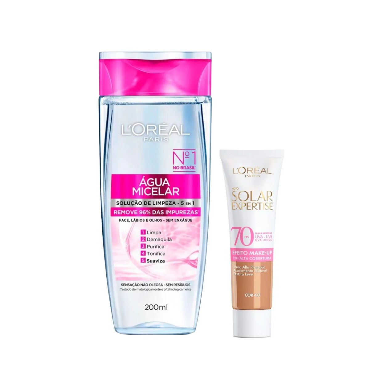 Kit Facial L'Oréal Paris Água Micelar Solução de Limpeza 5 em 1 200ml + Protetor Solar Expertise Efeito Make Up FPS 70 Cor 4.0 30g