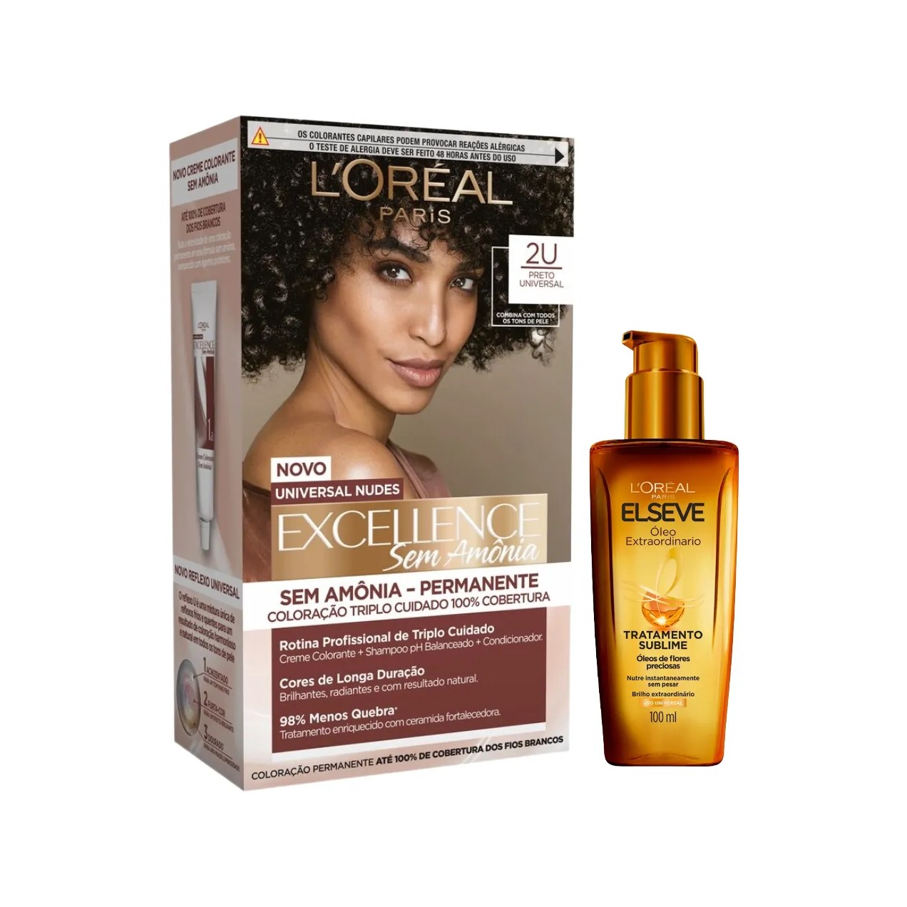 Kit L'Oréal Paris Tinta de Cabelo Permanente Imédia Excellence Sem Amônia - 2U Preto Universal + Óleo Extraordinário Tratamento Reconstrutor Elseve 100ml