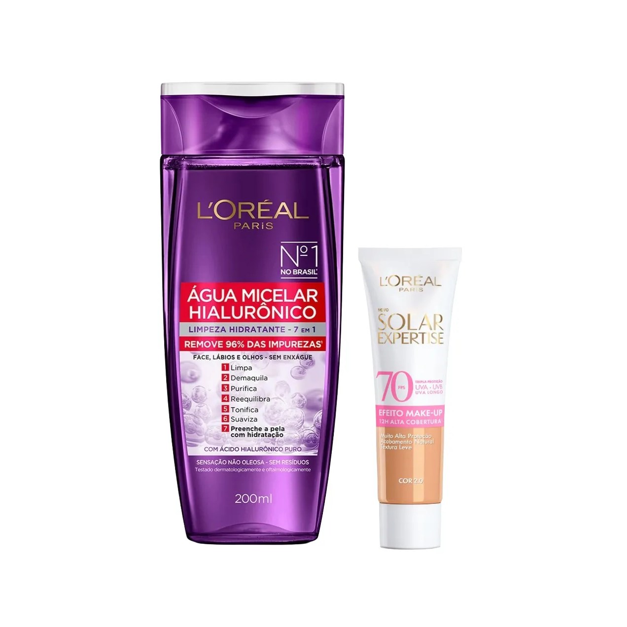 Kit Facial L'Oréal Paris Água Micelar Hialurônico Limpeza Hidratante 7 em 1 200ml + Protetor Solar Expertise Efeito Make Up FPS 70 Cor 2.0 30g