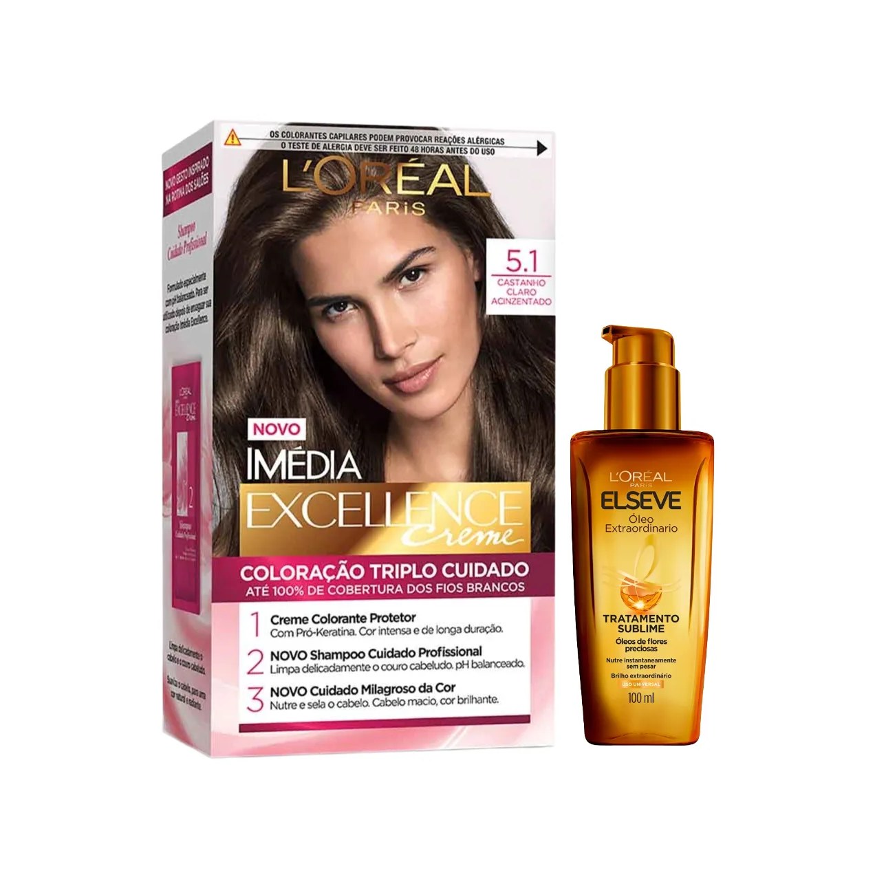 Kit L'Oréal Paris Tinta de Cabelo Permanente Imédia Excellence Creme - 5.1 Castanho Claro Acinzentado + Óleo Extraordinário Tratamento Reconstrutor Elseve 100ml