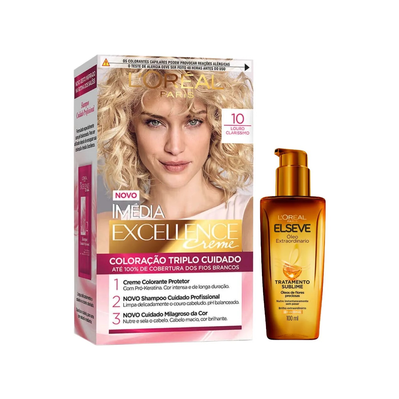 Kit L'Oréal Paris Tinta de Cabelo Permanente Imédia Excellence Creme - 10 Louro Claríssimo + Óleo Extraordinário Tratamento Reconstrutor Elseve 100ml