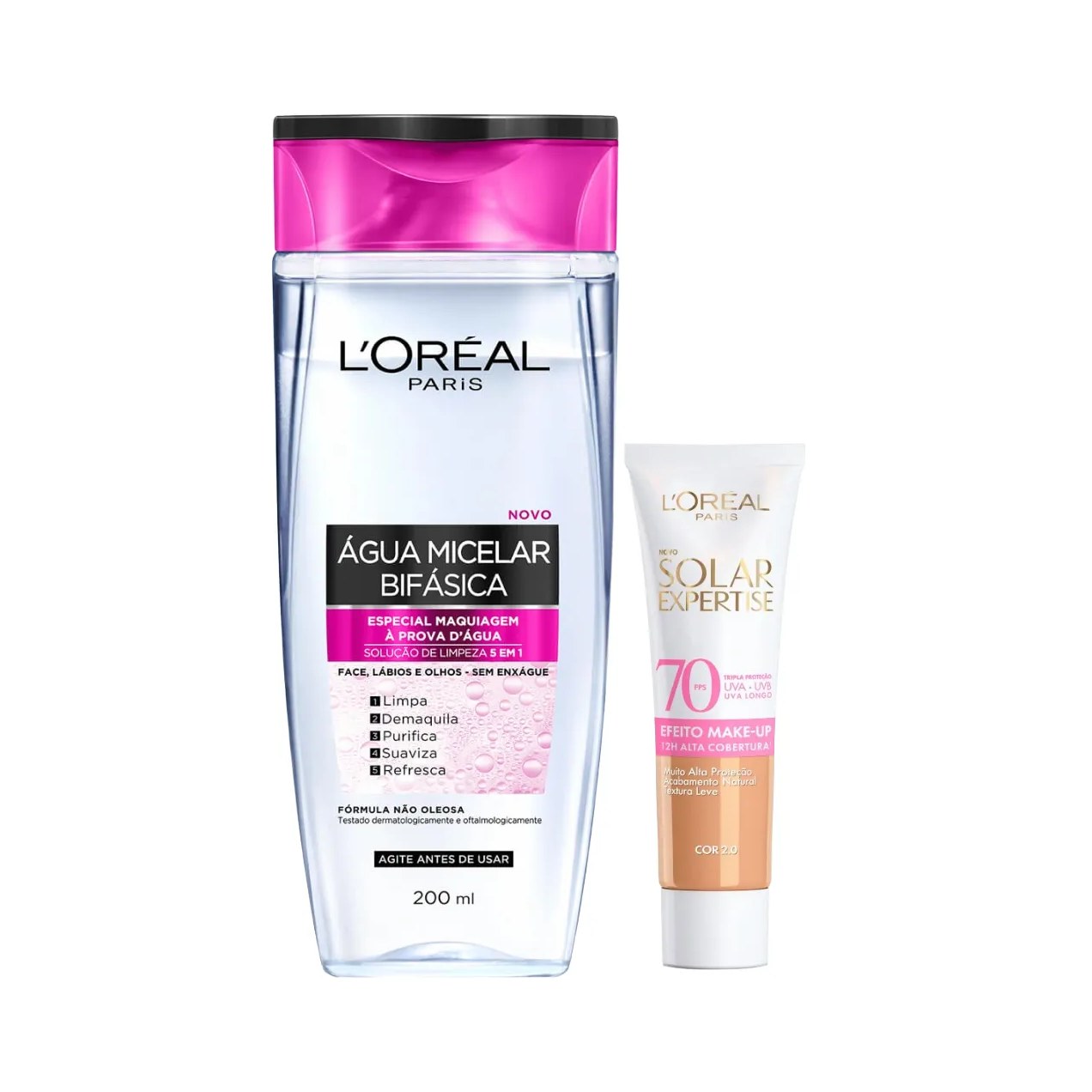 Kit Facial L'Oréal Paris Água Micelar Bifásica Solução de Limpeza 5 em 1 200ml + Protetor Solar Expertise Efeito Make Up FPS 70 Cor 2.0 30g