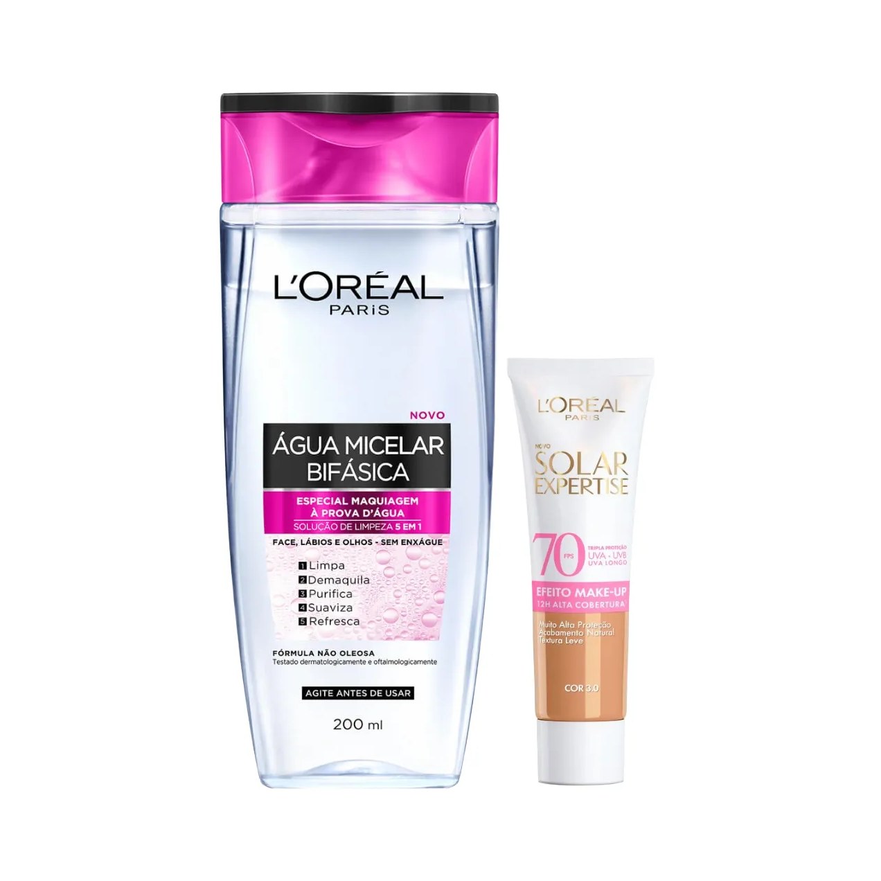 Kit Facial L'Oréal Paris Água Micelar Bifásica Solução de Limpeza 5 em 1 200ml + Protetor Solar Expertise Efeito Make Up FPS 70 Cor 3.0 30g