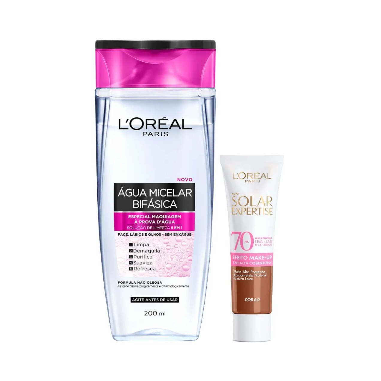 Kit Facial L'Oréal Paris Água Micelar Bifásica Solução de Limpeza 5 em 1 200ml + Protetor Solar Expertise Efeito Make Up FPS 70 Cor 6.0 30g