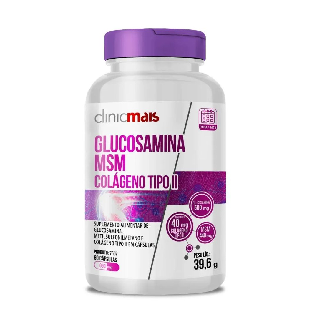 Glucosamina, Msm e Colágeno Tipo 2 60 Cápsulas 660Mg Clinicmais