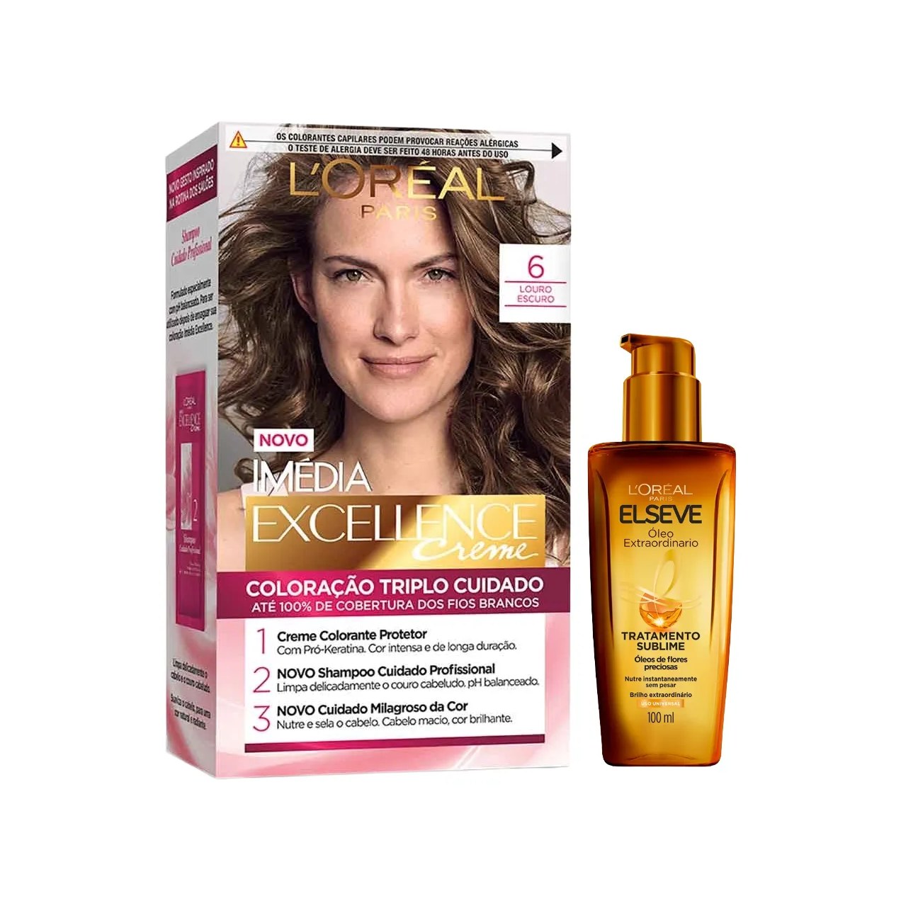 Kit L'Oréal Paris Tinta de Cabelo Permanente Imédia Excellence Creme - 6 Louro Escuro + Óleo Extraordinário Elseve Tratamento Sublime 100ml