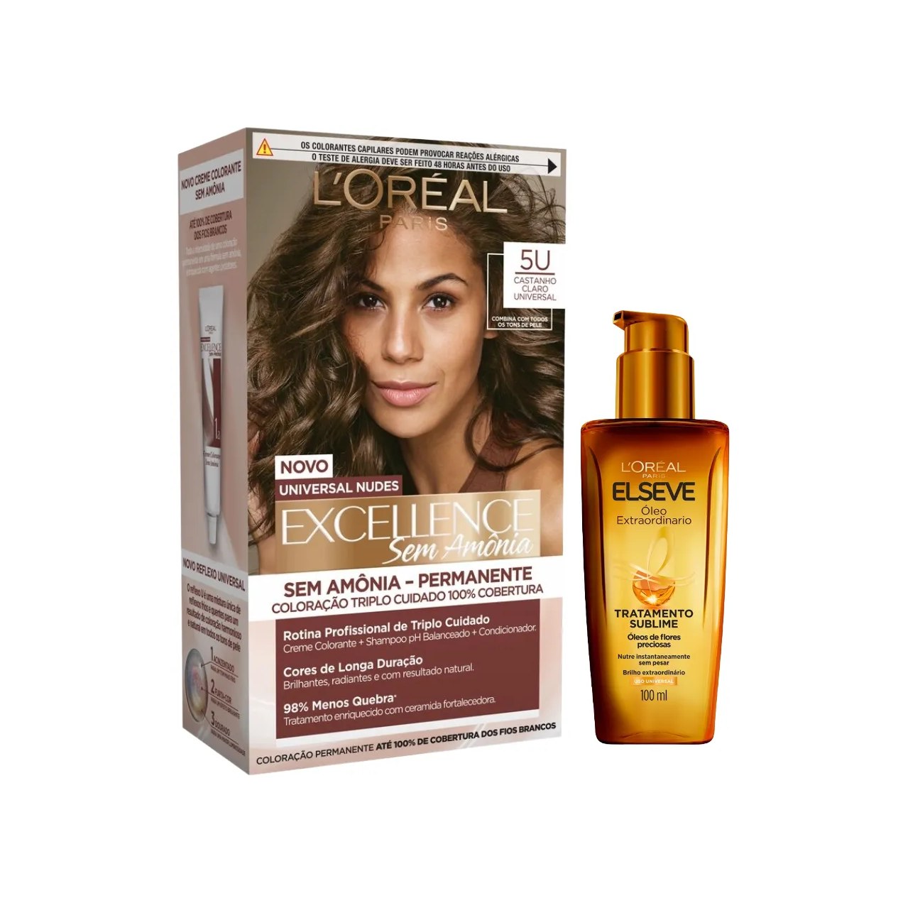 Kit L'Oréal Paris Tinta de Cabelo Permanente Imédia Excellence Sem Amônia - 5U Castanho Claro Universal + Óleo Extraordinário Elseve Tratamento Sublime 100ml