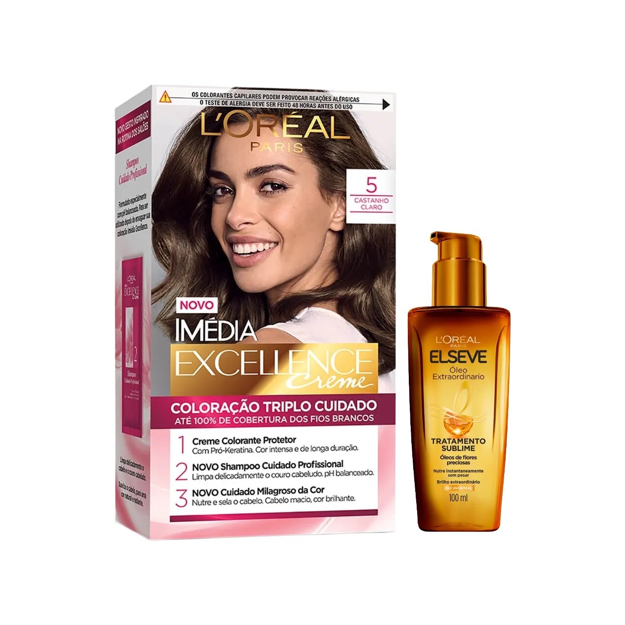 Kit L'Oréal Paris Tinta de Cabelo Permanente Imédia Excellence Creme - 5 Castanho Claro + Óleo Extraordinário Elseve Tratamento Sublime 100ml