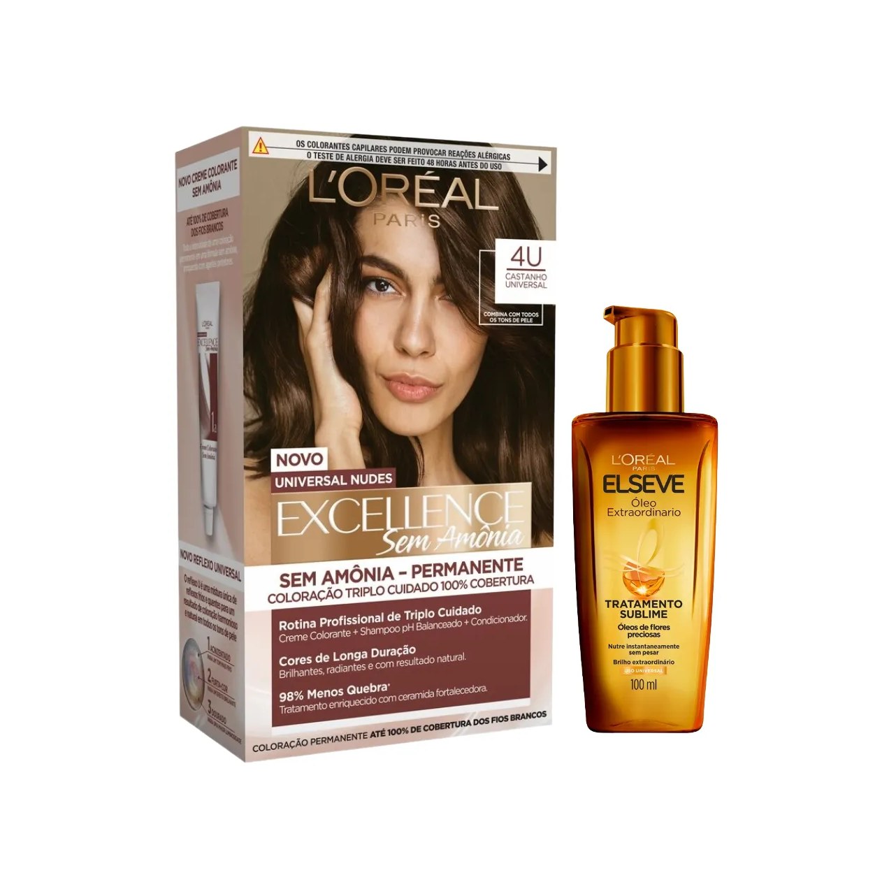Kit L'Oréal Paris Tinta de Cabelo Permanente Imédia Excellence Sem Amônia - 4U Castanho Universal + Óleo Extraordinário Elseve Tratamento Sublime 100ml