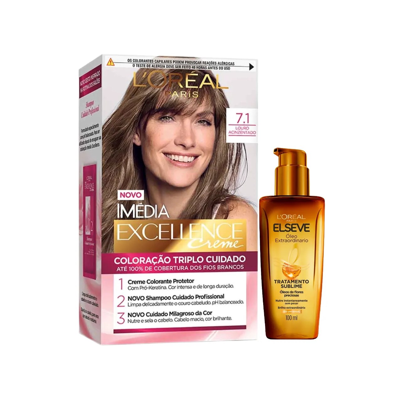 Kit L'Oréal Paris Tinta de Cabelo Permanente Imédia Excellence Creme - 7.1 Louro Acinzentado + Óleo Extraordinário Elseve Tratamento Sublime 100ml