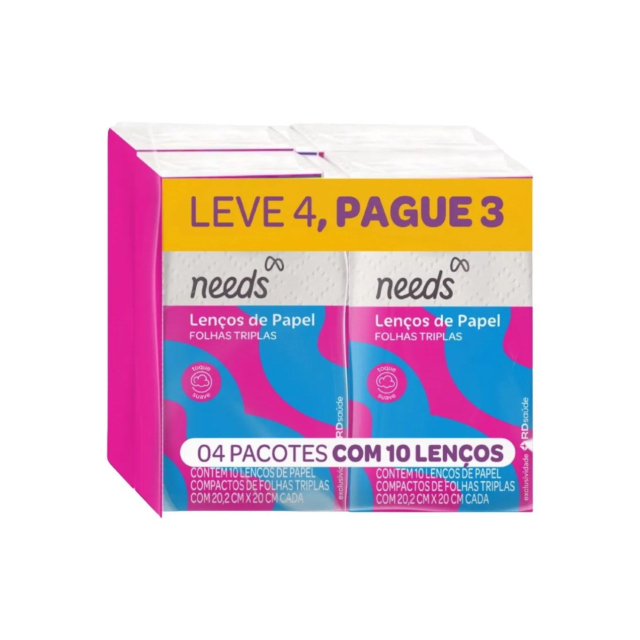 Pack 4 pacotes de lenços contendo 10 folhas triplas cada Needs