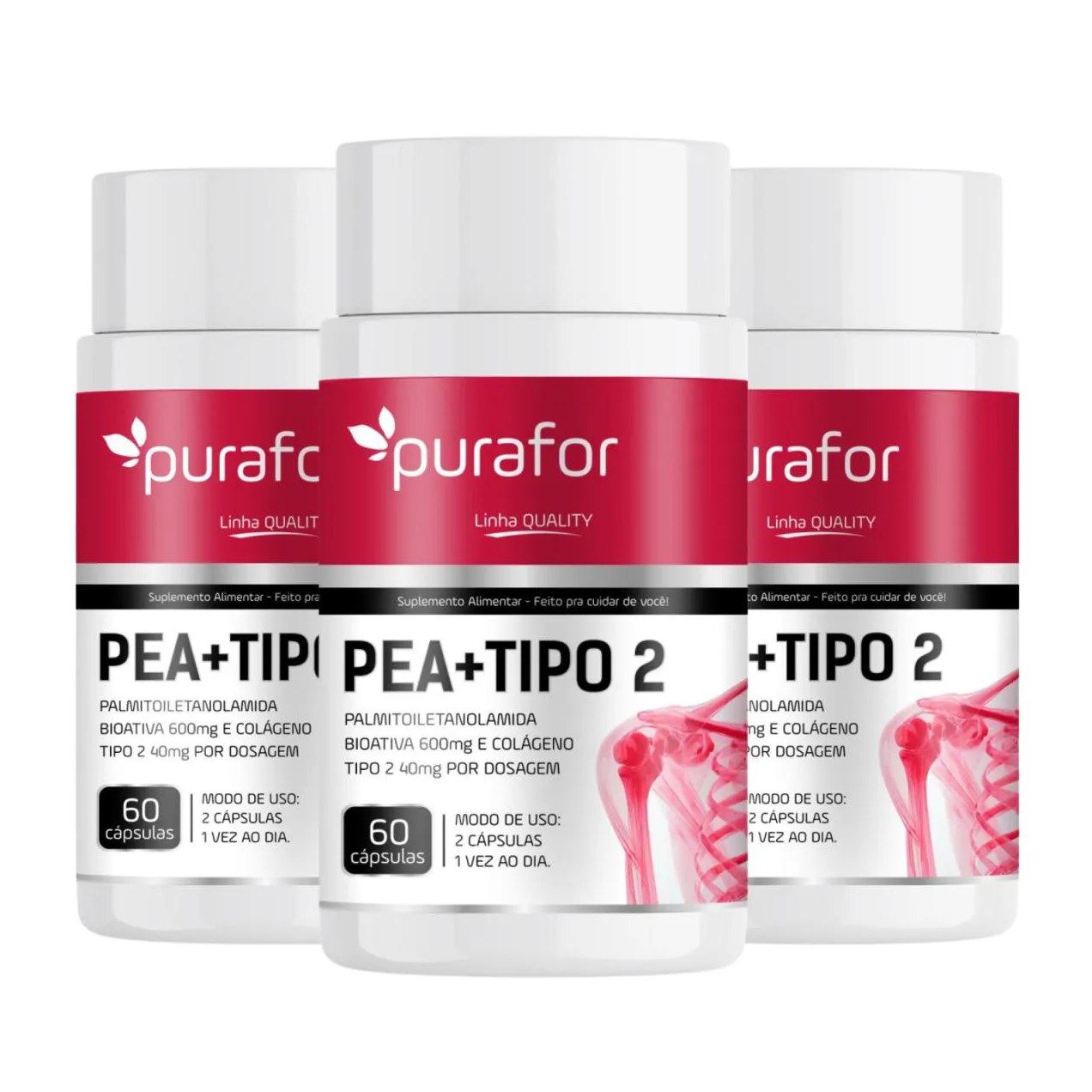 Kit 03 Pea 600 Palmitoiletanolamida Bioativa com Colágeno Tipo 2 I 60 Caps Purafor