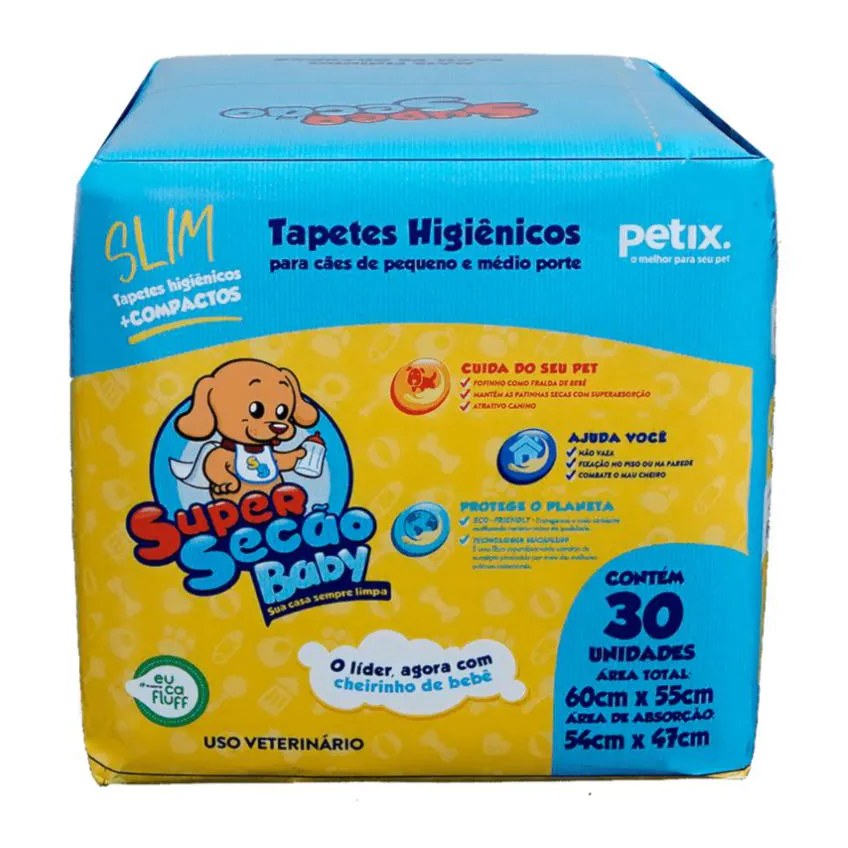 Tapete Higiênico Super Secão Baby Slim 30Un 60X55Cm para Cães de Pequeno e Médio Porte