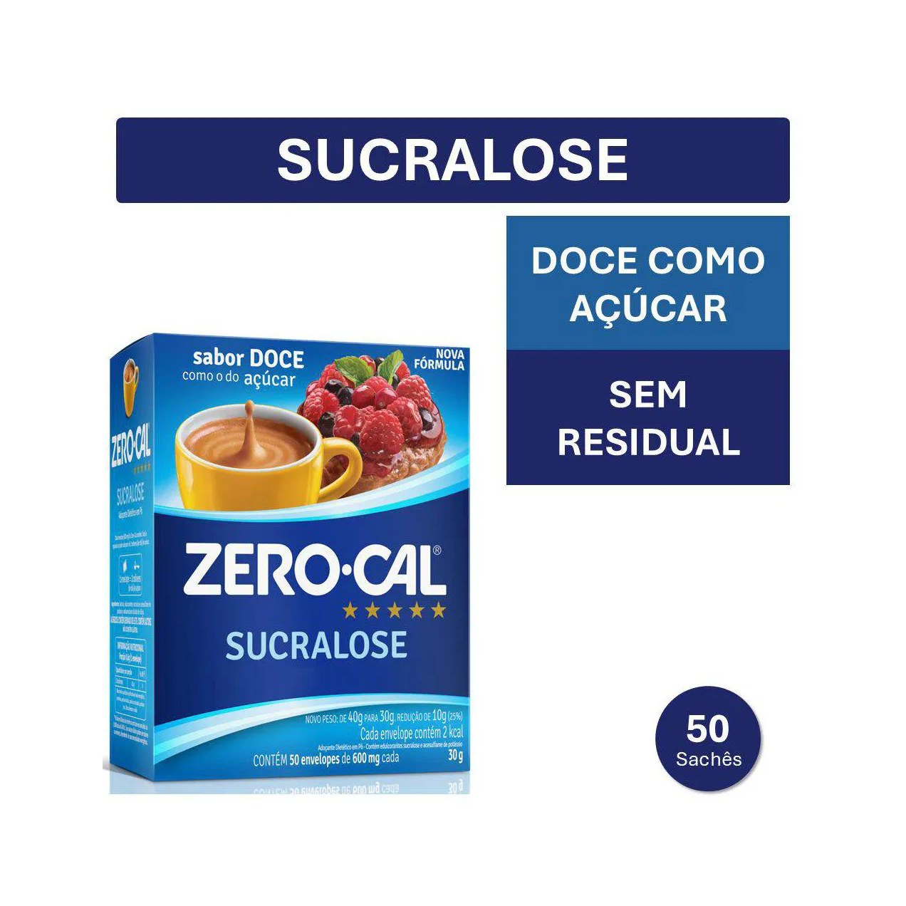 Adoçante em Pó Zero-Cal Sucralose - 1 Unidade com 50 Sachês de 600mg cada