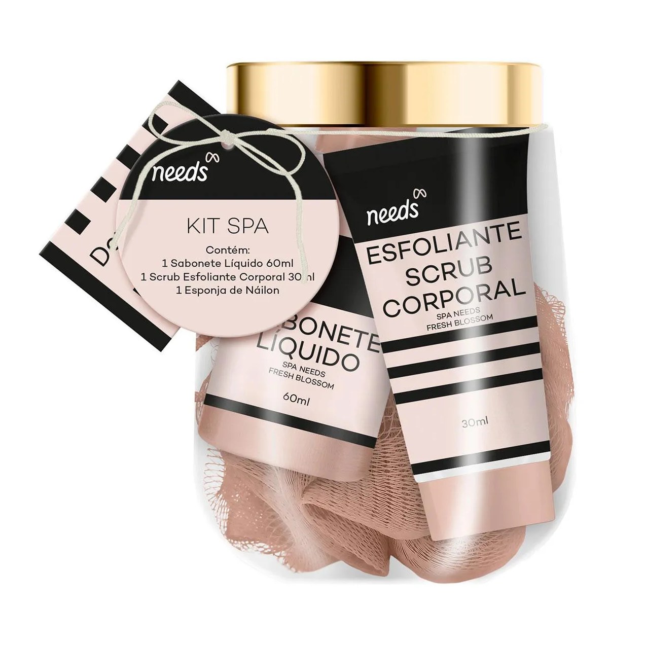 Kit Spa Needs Fresh Blossom Sabonete Líquido 60ml + Esfoliante Corporal 30ml + Esponja Náilon
