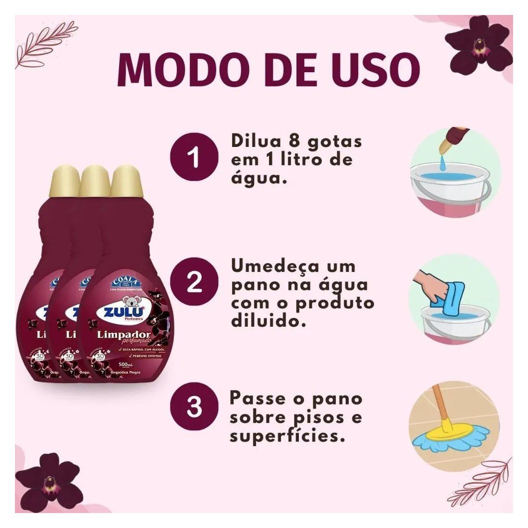 Kit Coala Zulu Perfumes: 3 Limpadores Perfumados Orquídea Negra 500ml