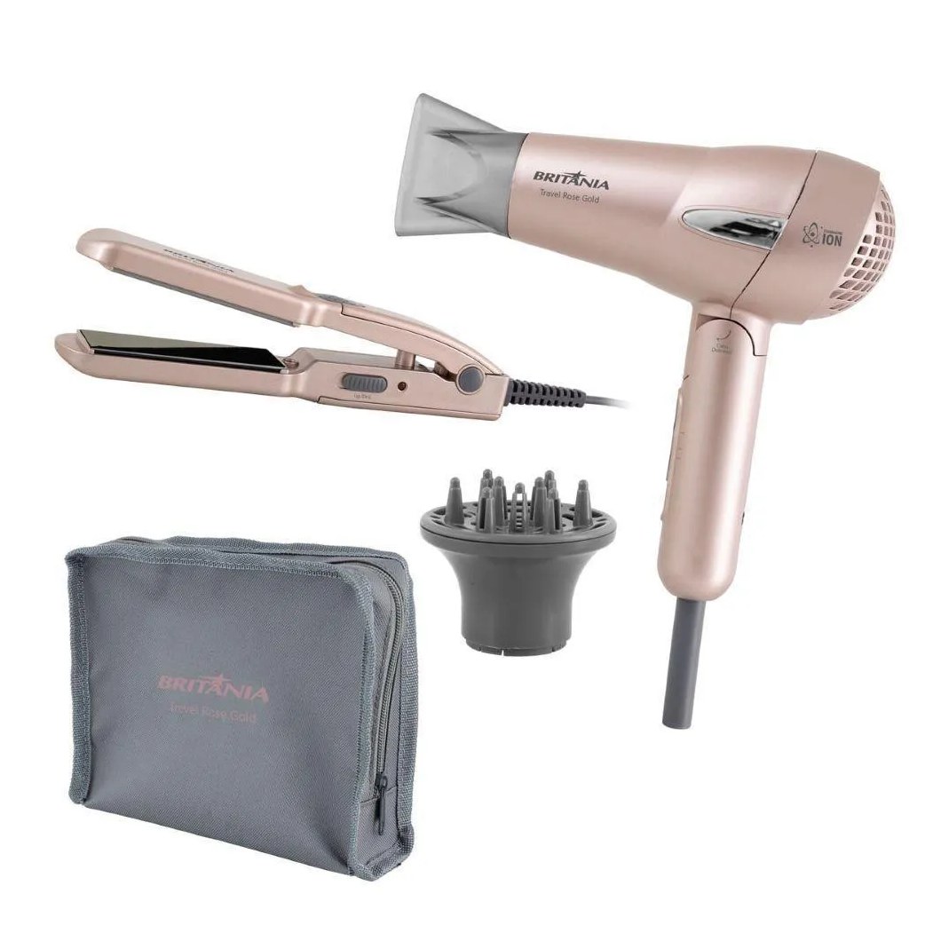 Kit Beleza Travel Rose Gold Britânia Secador Prancha Bivolt