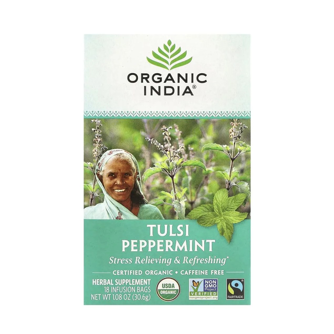 Chá Tulsi Hortelã Pimenta sem Cafeína 18 Sachês de Infusão 30,6G - Organic India