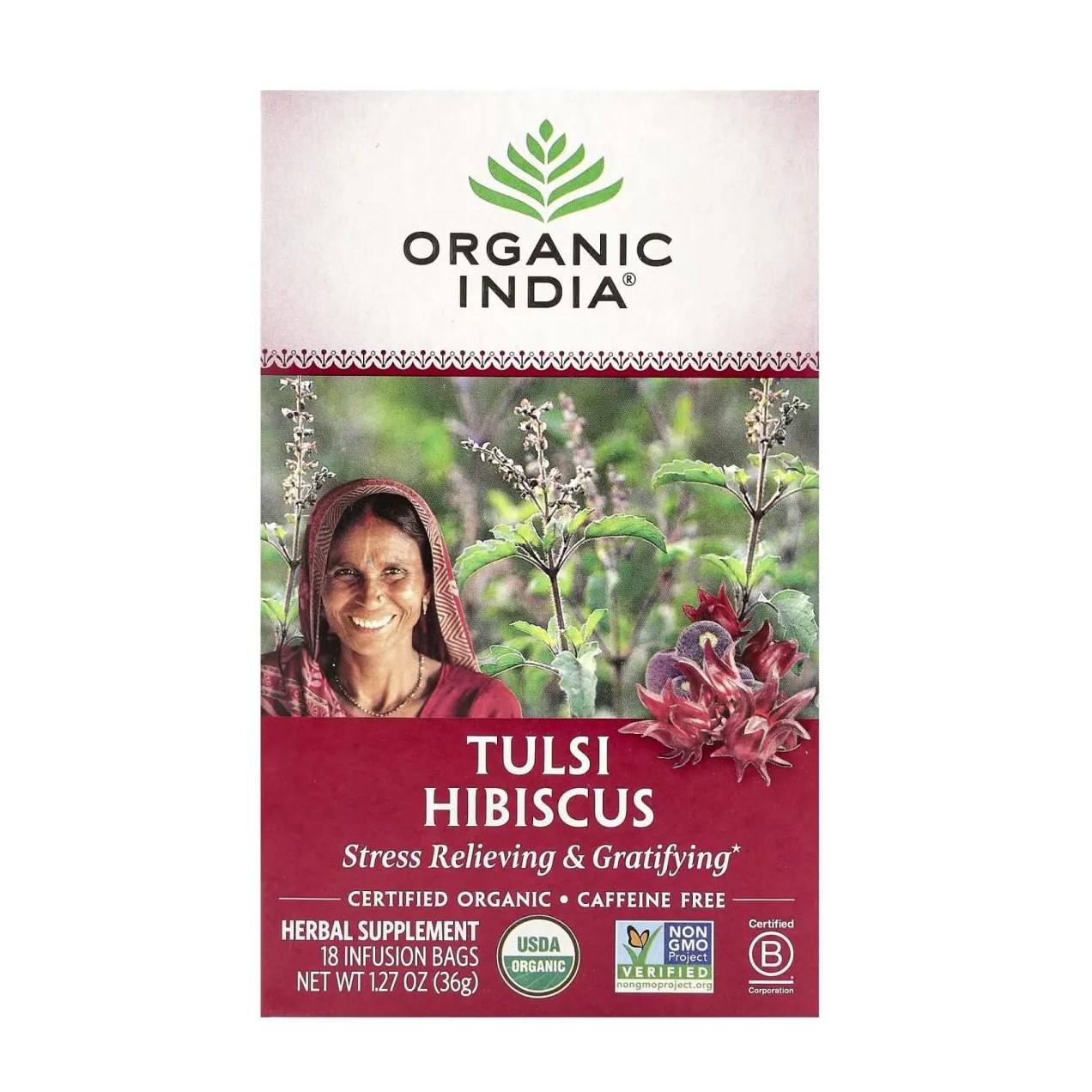Chá Tulsi Hibisco sem Cafeína 18 Sachês de Infusão 36 G - Organic India