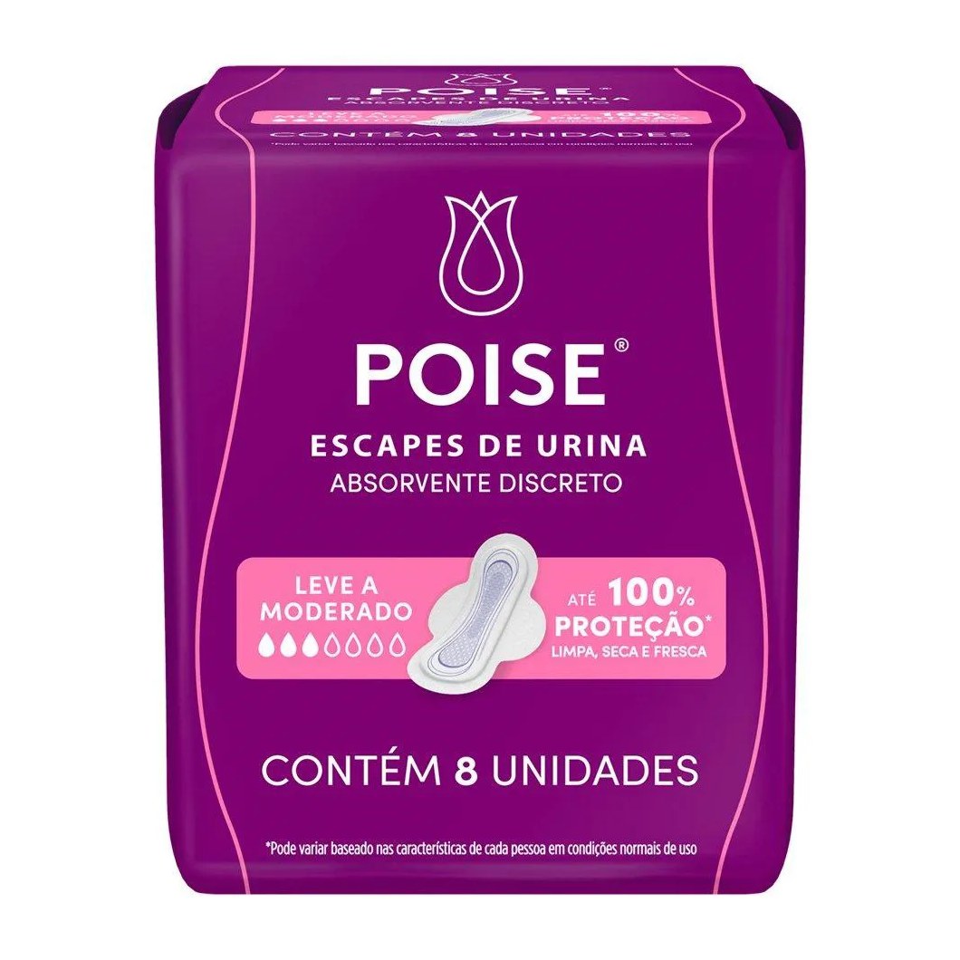 Absorvente Poise Discreto com Abas para Escape de Urina - Embalagem com 8 unidades
