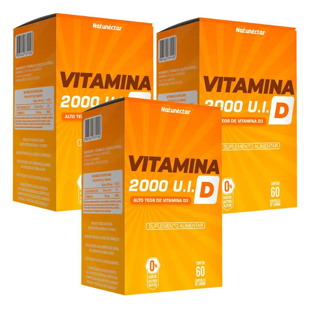 Kit 3 Vitamina D 500Mg 60 Cápsulas Ergocalciferol, Calciferol 2.000 Ui
