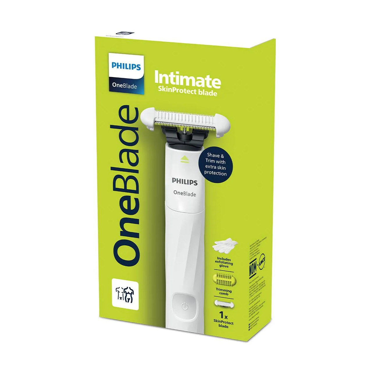 Depilador Philips OneBlade Intimate 1 unidade de lâmina Skin Protect + 1 pente corporal 3mm + 1 luva de esfoliação