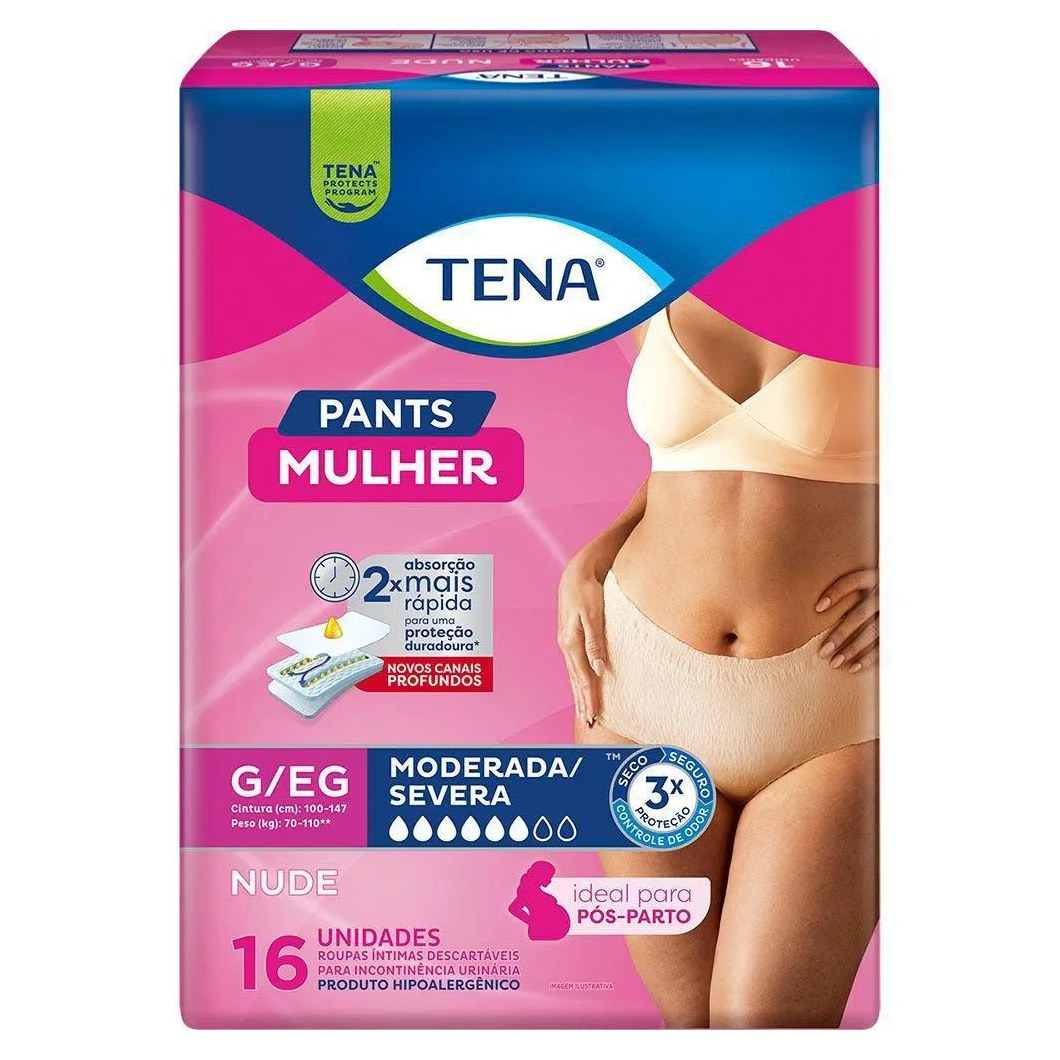 Calcinha Descartável Roupa Íntima Tena Pants Mulher Nude G/Eg 16 Unidades
