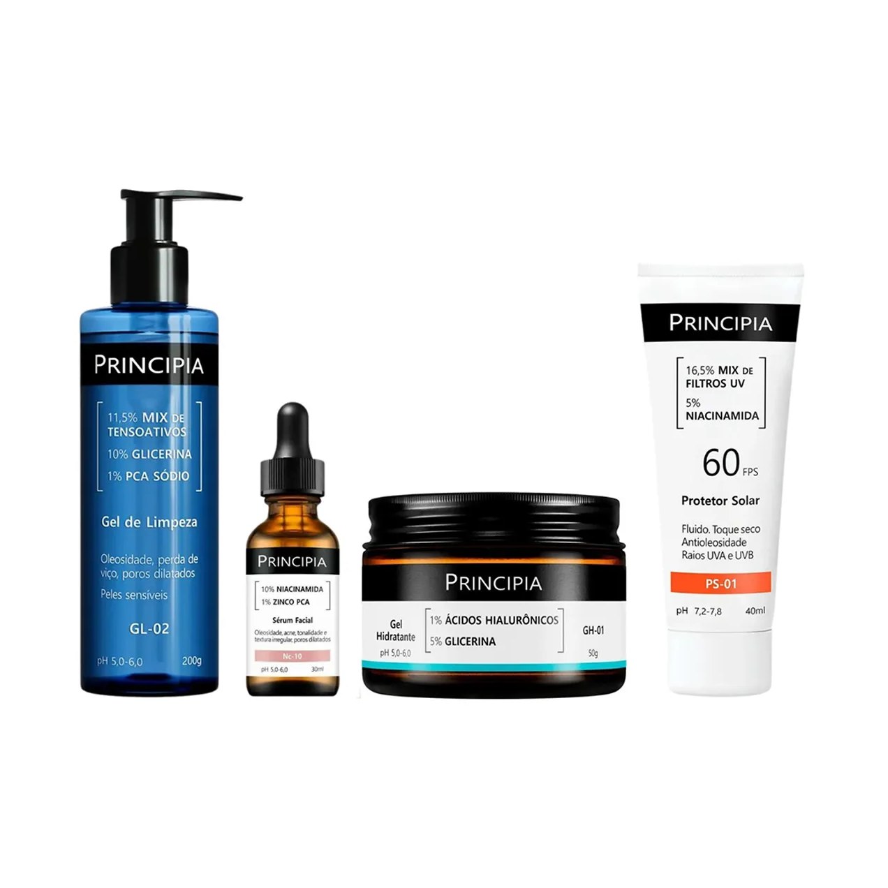 Kit Facial Principia Skincare Protetor Solar PS-01 FPS 60 40ml + Gel de Limpeza Suave GL-02 200g+ Sérum Anti-Idade NC-10 30ml + Gel Hidratante GH-01 50g
