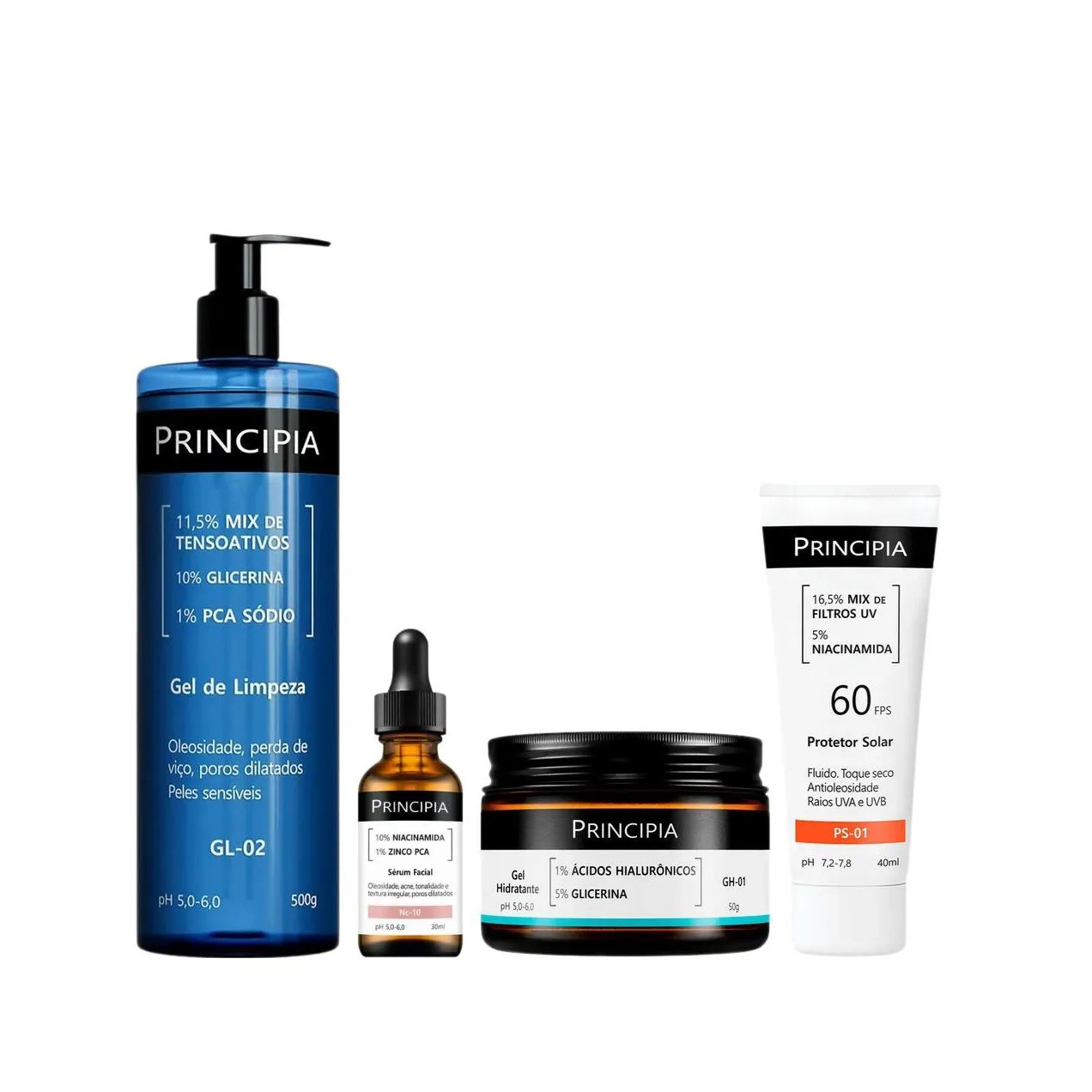 Kit Facial Principia Skincare Protetor Solar PS-01 FPS 60 40ml + Gel de Limpeza Suave GL-02 500g + Sérum Anti-Idade NC-10 30ml + Gel Hidratante GH-01 50g
