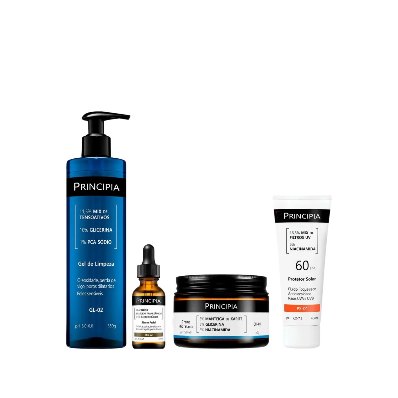 Kit Facial Principia Skincare Gel de Limpeza Suave GL-02 350ml + Sérum Anti-Idade Mix-02 30ml + Creme Hidratante CH-01 50g + Protetor Solar PS-01 FPS 60 40ml