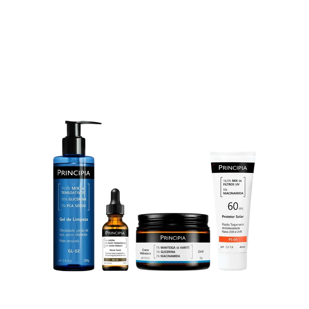 Kit Facial Principia Skincare Gel de Limpeza Suave GL-02 200ml + Sérum Anti-Idade Mix-02 30ml + Creme Hidratante CH-01 50g + Protetor Solar PS-01 FPS 60 40ml