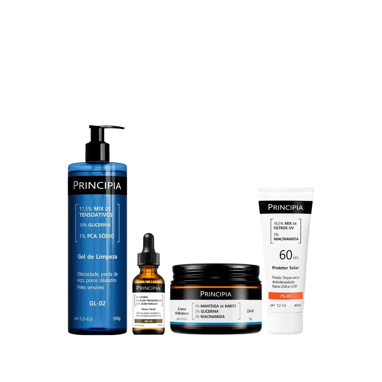 Kit Facial Principia Skincare Gel de Limpeza Suave GL-02 500ml + Sérum Anti-Idade Mix-02 30ml + Creme Hidratante CH-01 50g + Protetor Solar PS-01 FPS 60 40ml