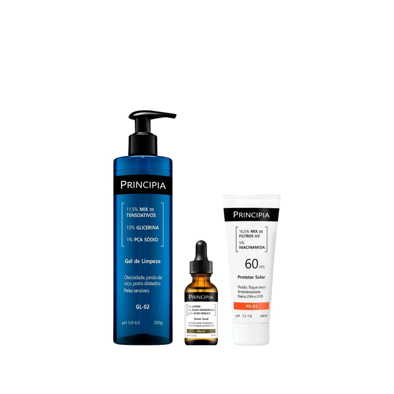 Kit Facial Principia Skincare Gel de Limpeza Suave GL-02 350ml + Protetor Solar PS-01 FPS 60 40ml + Sérum Anti-Idade Mix-02 30ml
