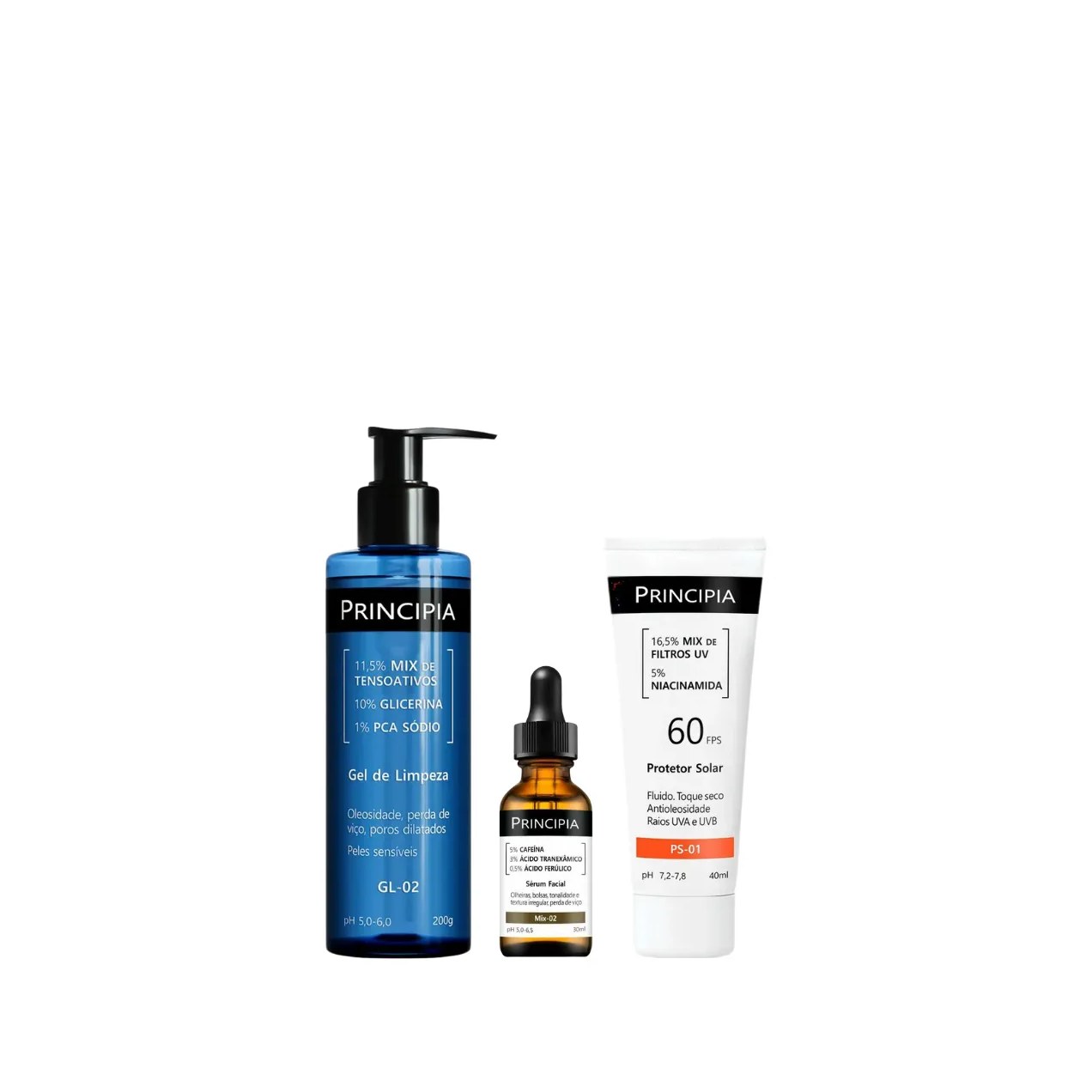 Kit Facial Principia Skincare Gel de Limpeza Suave GL-02 200ml + Protetor Solar PS-01 FPS 60 40ml + Sérum Anti-Idade Mix-02 30ml