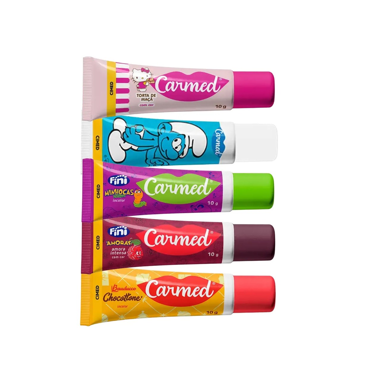 Kit Carmed Hidratante Labial Chocottone 10g + Hello Kitty Maçã do Amor 10g + Os Smurfs Blueberry 10g + Fini Amoras Intensas 10g + Fini Minhocas Azedinhas 10g