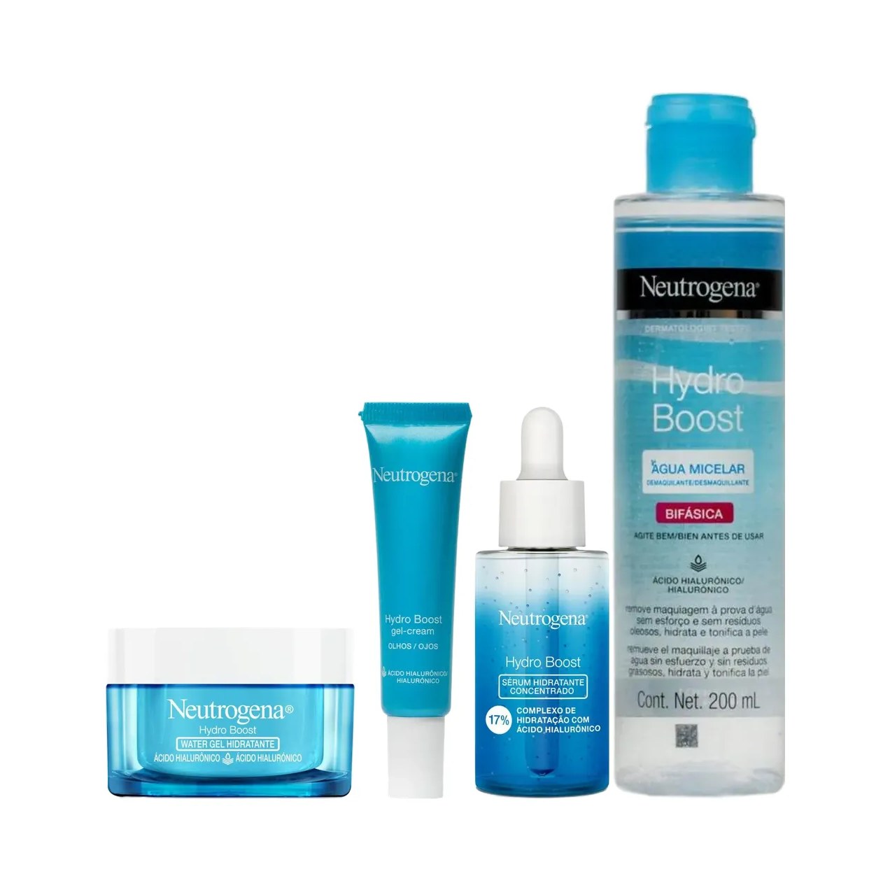 Kit Hidratante Facial Neutrogena Hydro Boost Water Gel 50g + Gel Creme Hidratante para Área dos Olhos 15g + Sérum Hidratante Facial Concentrado 30ml + Água Micelar Bifásica 200ml