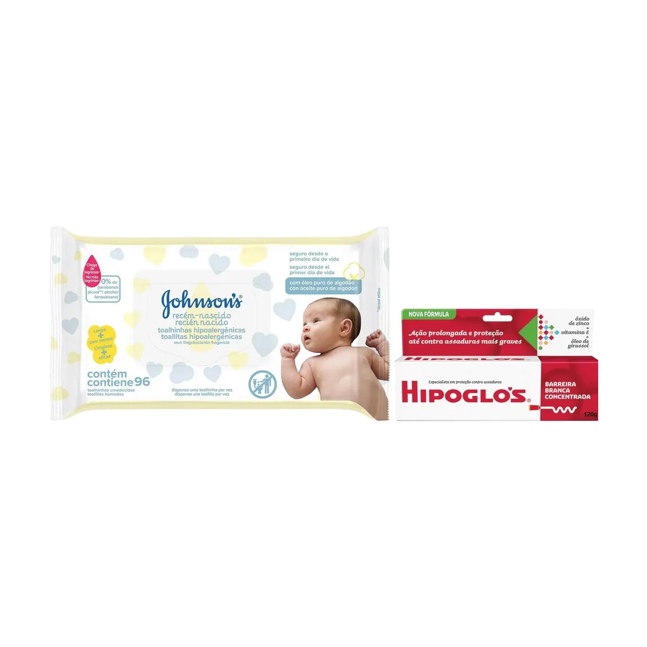 Kit Lenço Umedecido Johnson's Baby Recém-Nascido 96 unidades + Creme para Assaduras Hipoglós Original 120g