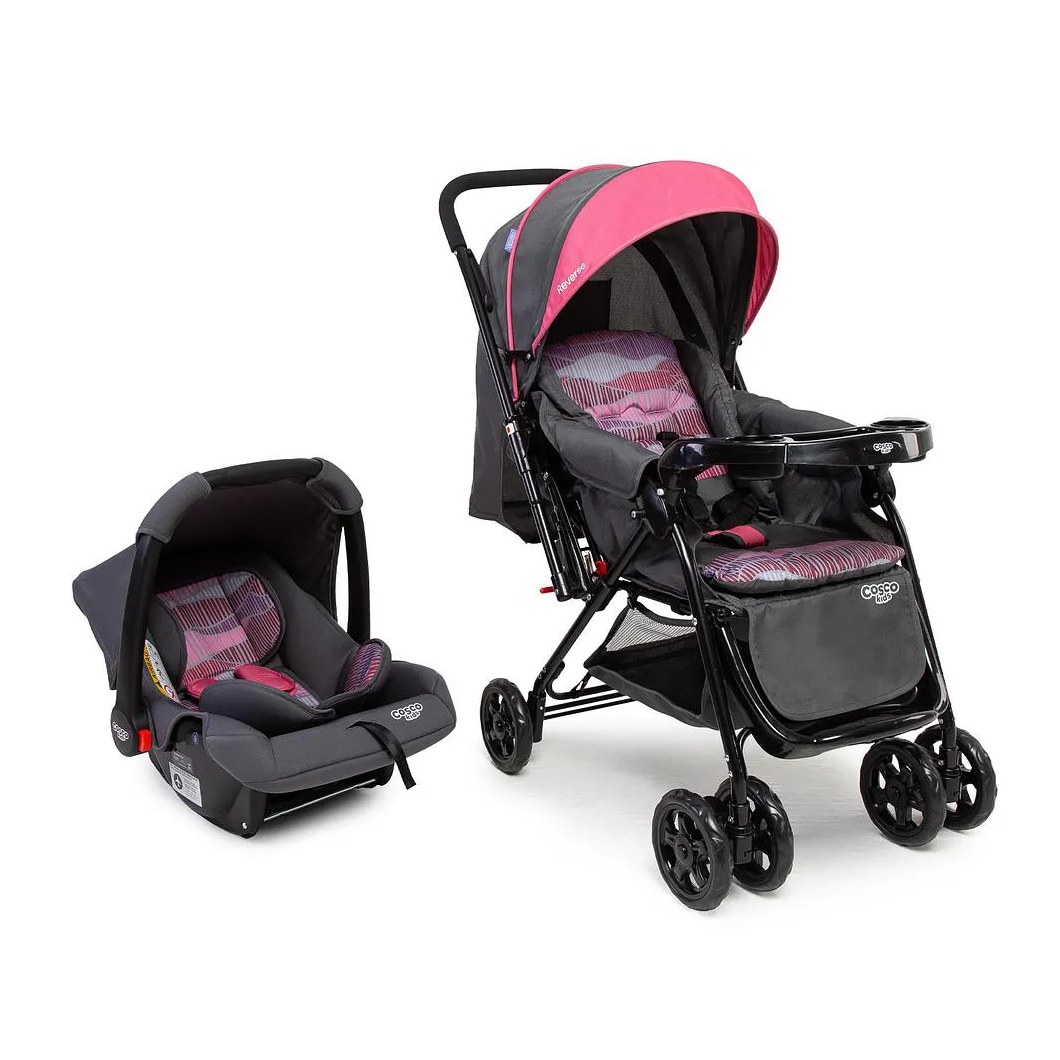 Carrinho com Bebê Conforto Travel System Reverse Duo Rosa Onda - Cosco Kids