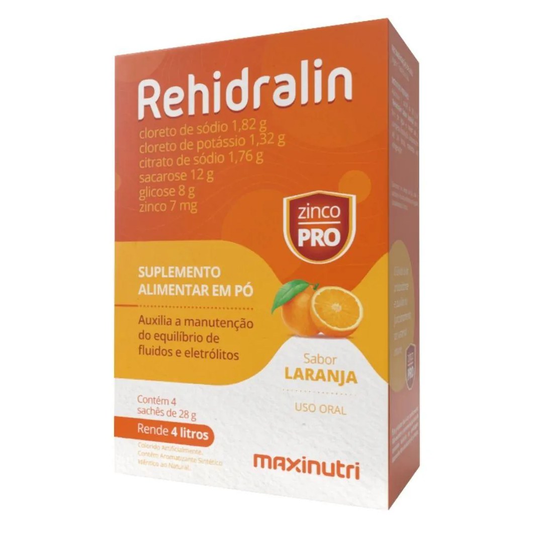 Rehidralin (Repositor de Eletrólitos) 4 Sachês - Maxinutri Laranja.