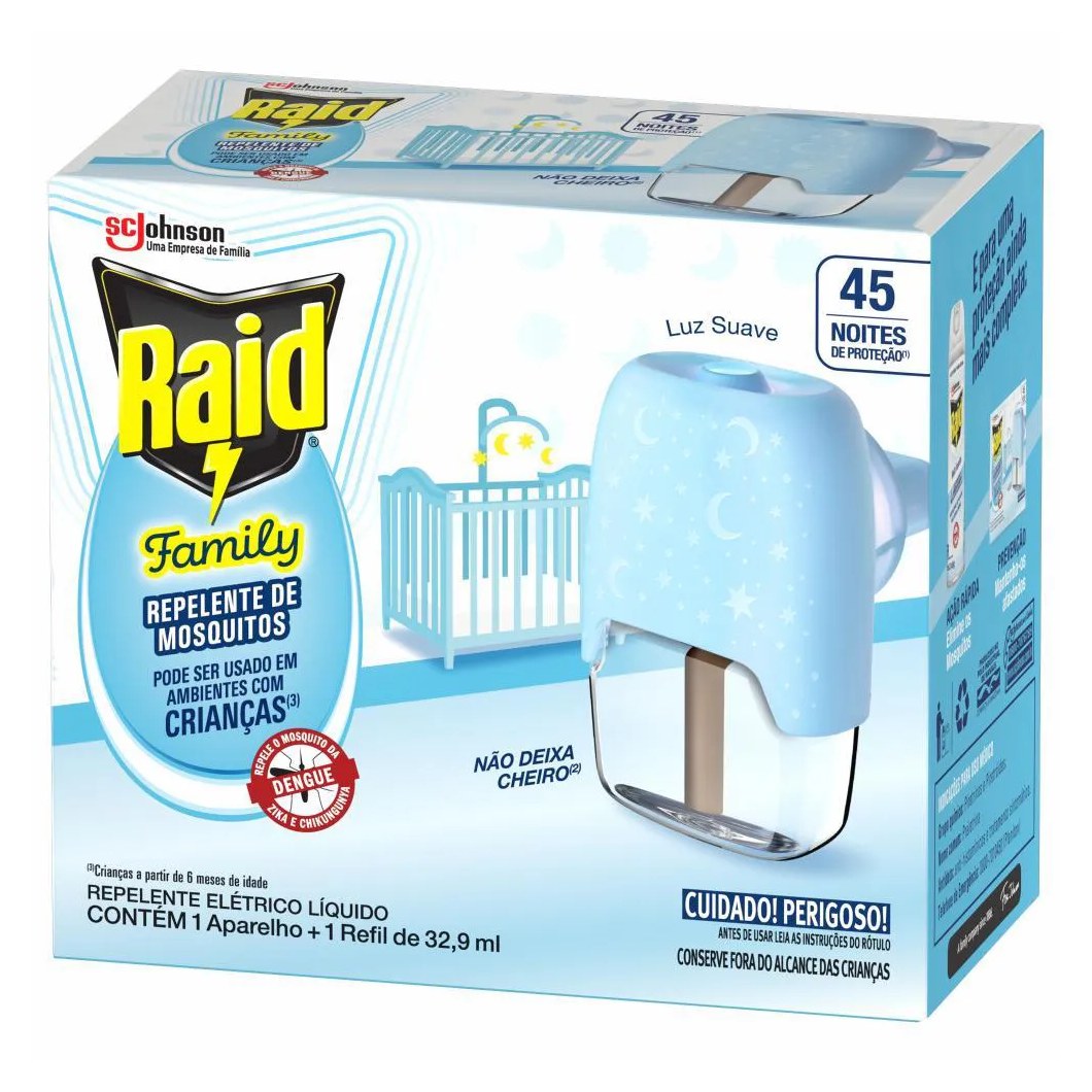 Pack Repelente Elétrico Líquido Raid 45 Noites Family + Refil 32,9Ml