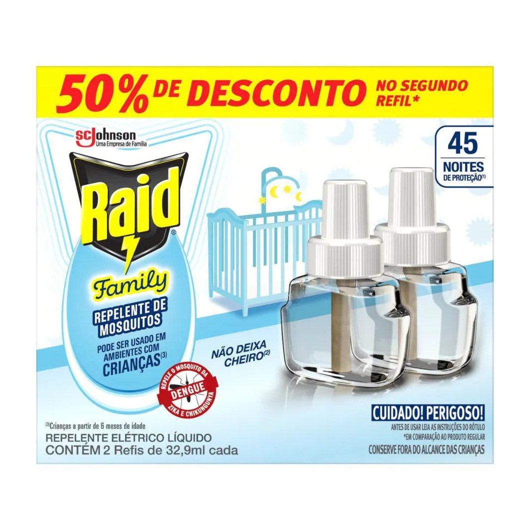 Refil Repelente Líquido Raid 45 Noites Family 2Un de 32,9Ml