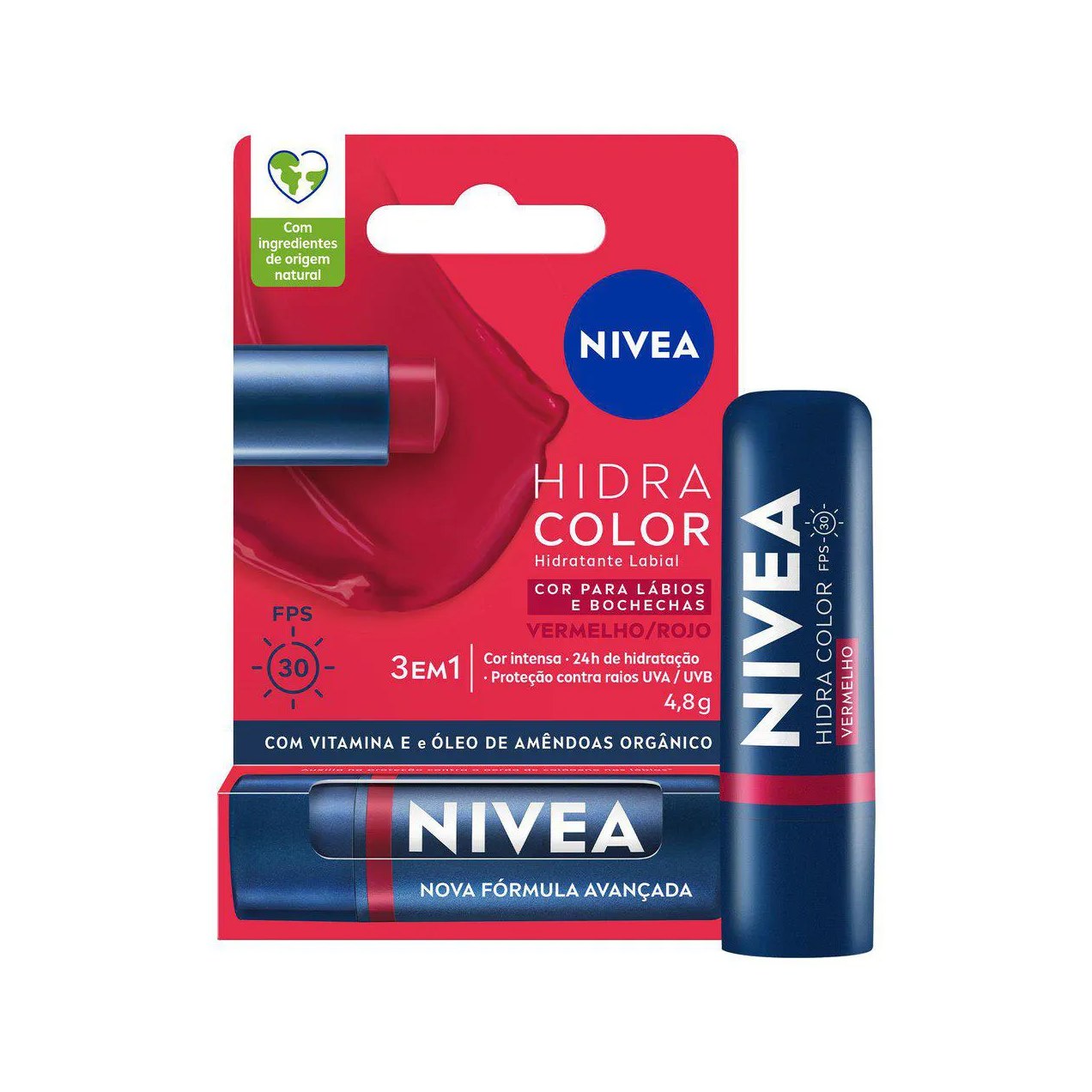 Hidratante Labial Nivea Hidra Color 3 em 1 Vermelho FPS 30 4,8g