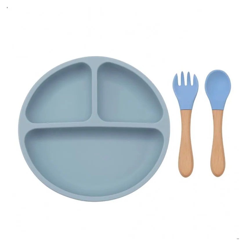 Conjunto Refeição Infantil Silicone 3 Peças Prato com Divisórias + Colher Garfo Treinamento do Bebê Antiderrapante Azul