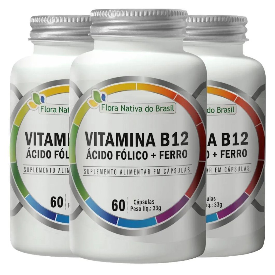 Kit 3x Ferro + Ácido Fólico + B12 60 cápsulas - Flora Nativa