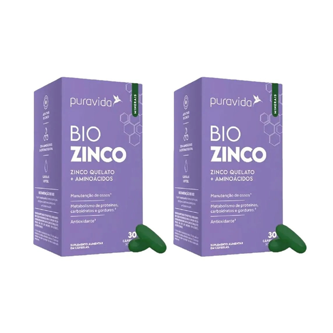 Kit 2 Bio Zinco Quelato + Aminoácidos - 30 Caps - Puravida