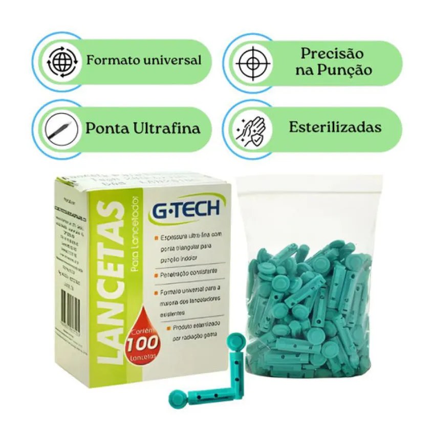 Kit com 200 Lancetas G-Tech Medir Diabetes Glicose Agulha - Azul