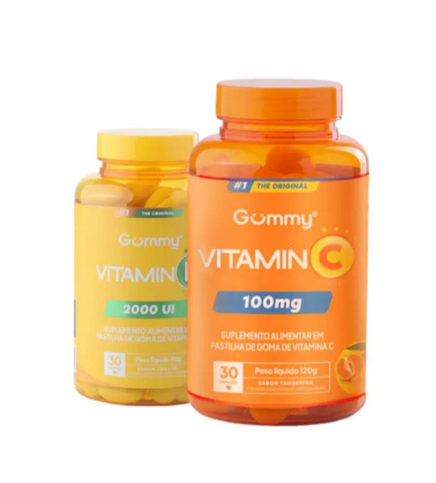 Kit Gummy Vitamina C Tangerina 100Mg com 30 + Vitamina D Abacaxi 2000Ui com 30 - Gummy