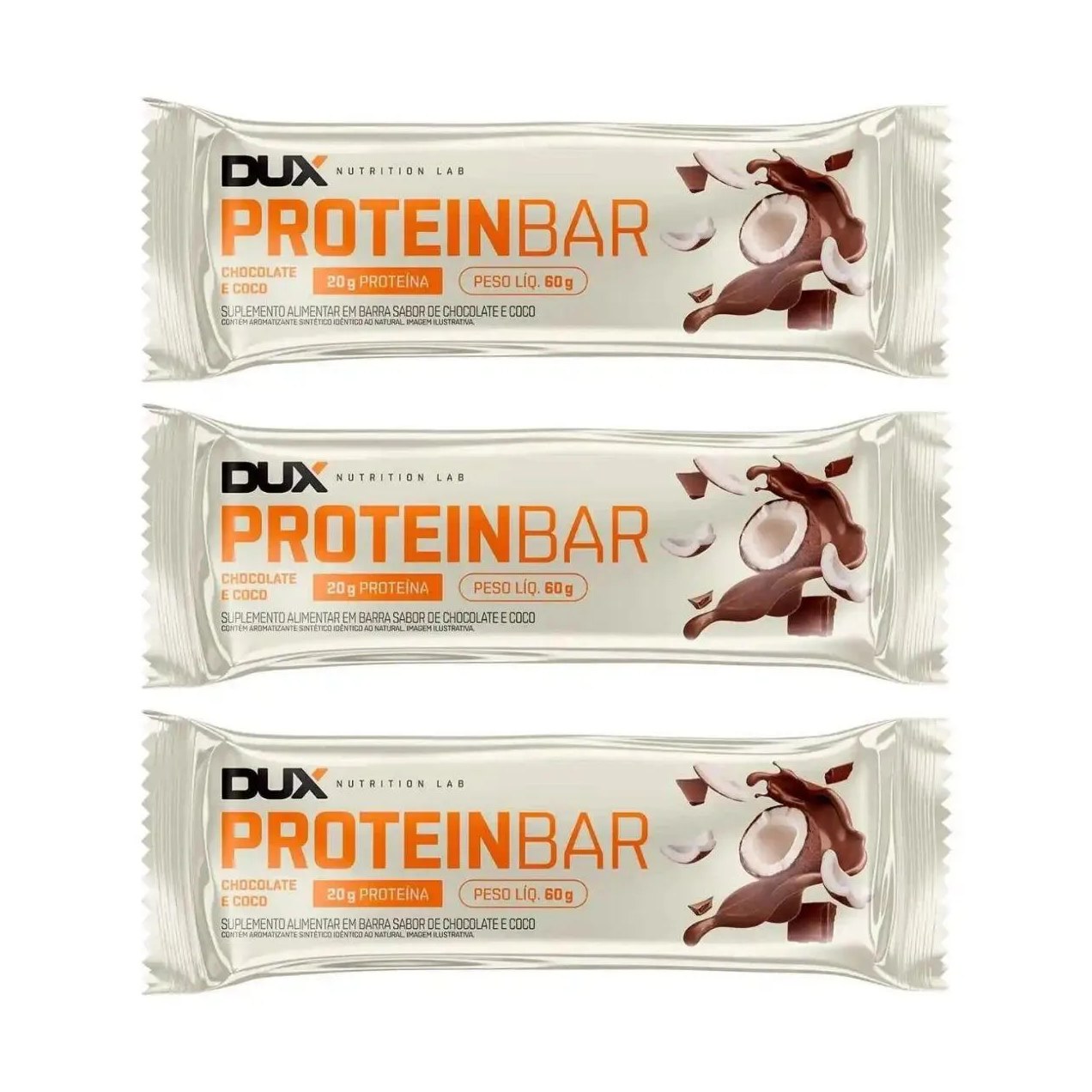 Kit 3 Barra de Proteina com 20G Chocolate e Coco Dux 60G
