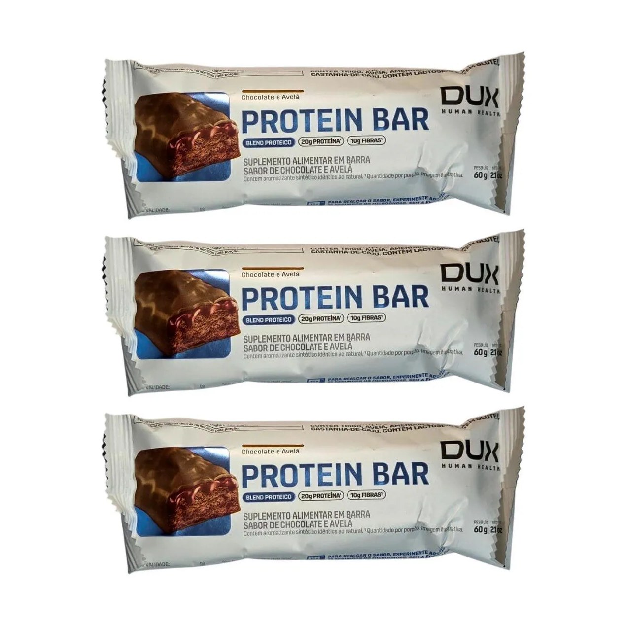 Kit 3 Barra de Proteina com 20G Proteina Chocolate e Avela 60G Dux